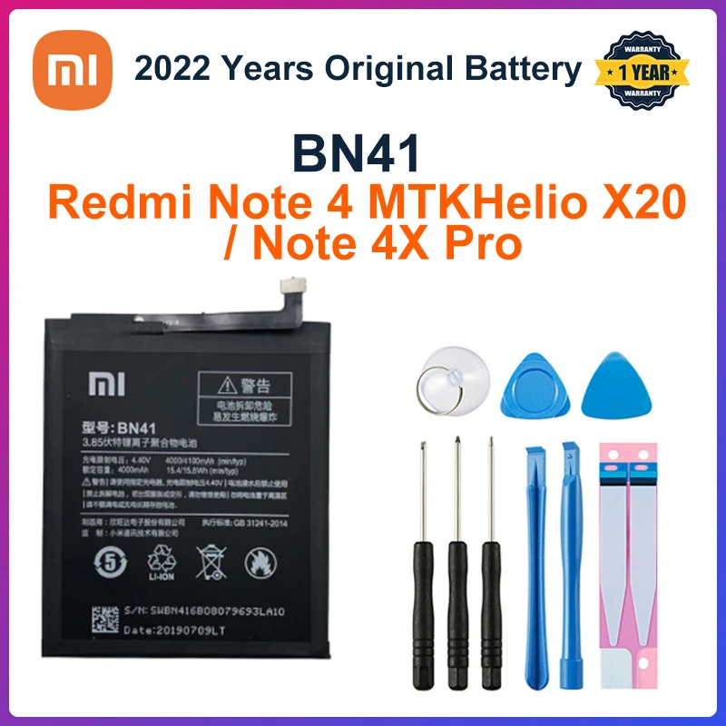 

Новинка 2021, 100% оригинальный аккумулятор BN41 на 4100 мАч для Xiaomi Redmi Note 4, MTK Helio X20 / Note 4X Pro, MTK Helio X20 + Бесплатные инструменты