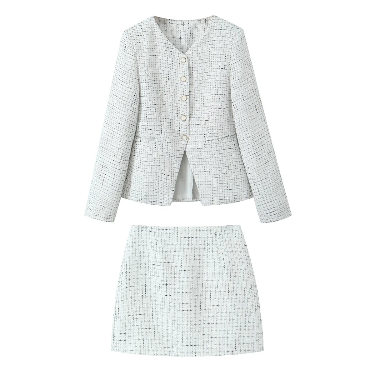 French Style Retro V collar Plaid Woven Tweed Blazer + High Waist Mini Short Skirts Suits 2 pieces 1 Set Black White