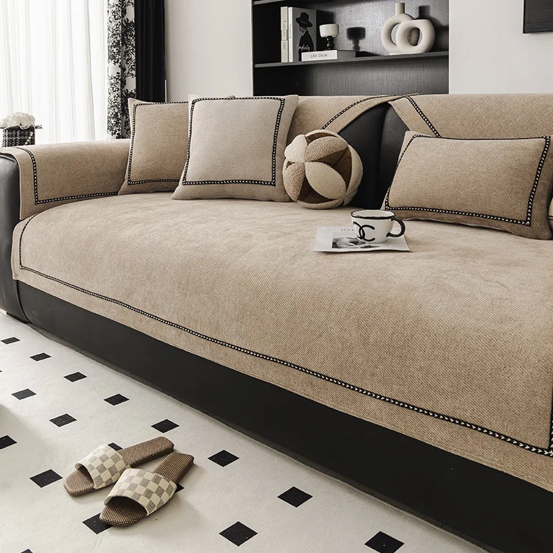 Solid Color Chenille Sofa Cushion Four All Seasons Universal Anti Slip Cushion Modern High-end Sofa Cover Backrest Towel Fabric 2