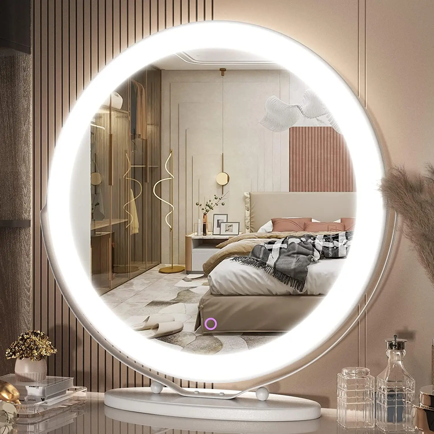 Vierose 50,8 cm Make-up-Spiegel mit Lichtern, runder beleuchteter  Make-up-Spiegel mit dimmbarem LED-Halo für Ankleidezimmer und