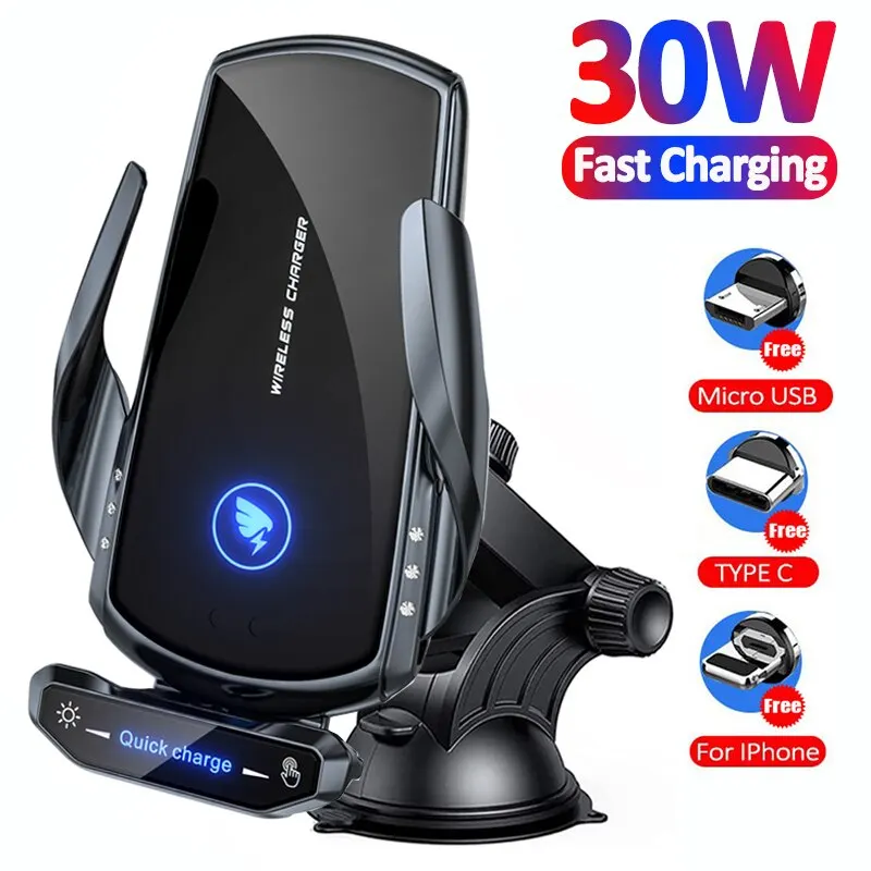 30W Car Phone Holder Wireless Charger Fast Charging Station For iPhone