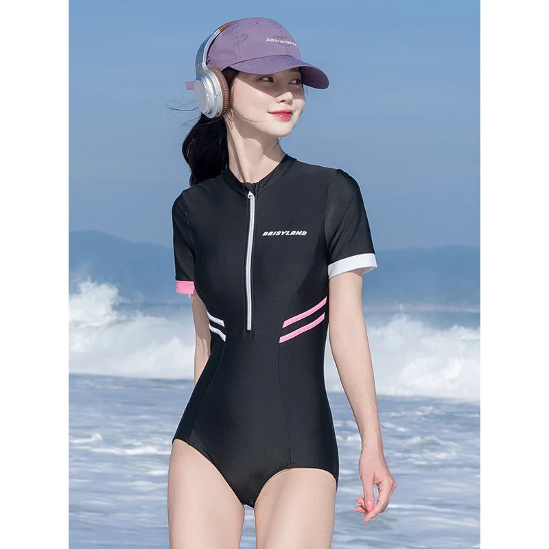Women Modest One Piece Bathing Suit Short Sleeve Tummy Control Swimsuit Zipper Front Surfing Athletic Rash Guards