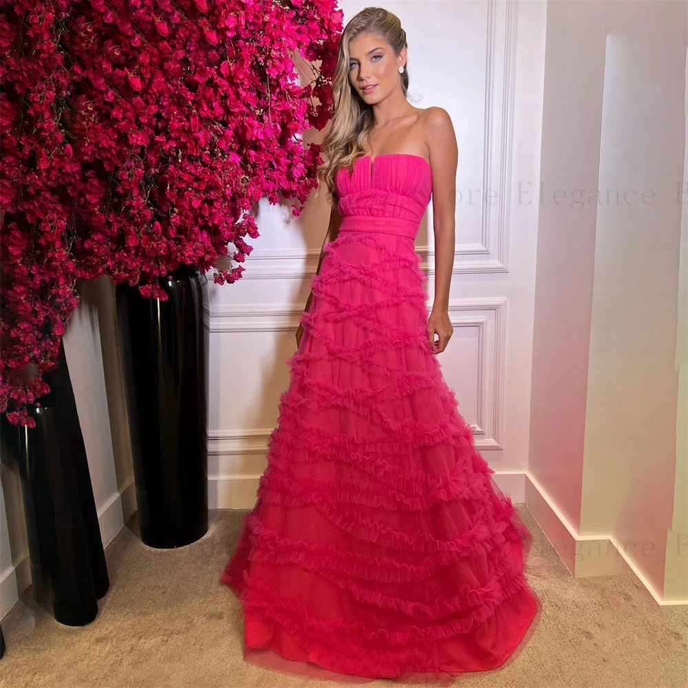 

Women 's Ruffles Tiered Tule Evening Dresses for Teens Floor Length Strapless Wedding Ball Gown Pleated فساتين للحفلات الراقصة