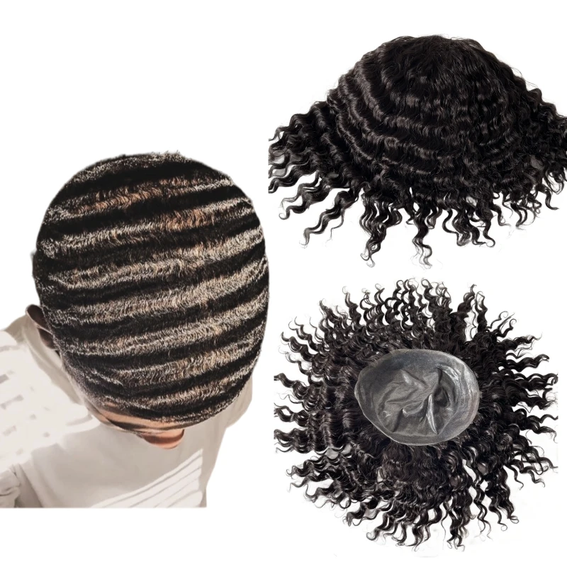 9 Inches Burmese Virgin Human Hair Systems 14mm Wave Poly Skin Units 8x10 Injection PU Toupee for Black Men