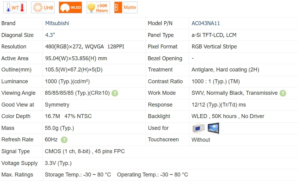 AC043NA11 4.3인치 45핀 WLED, 신제품 및 A+ 등급 재고 있음, 배송 전 테스트 완료