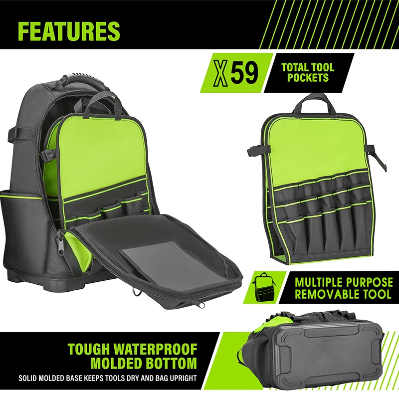 Tool Backpack, Heavy-Duty Tool Bag with Padded Shoulder, Waist Straps, Water-Resistant Construction HL051 4