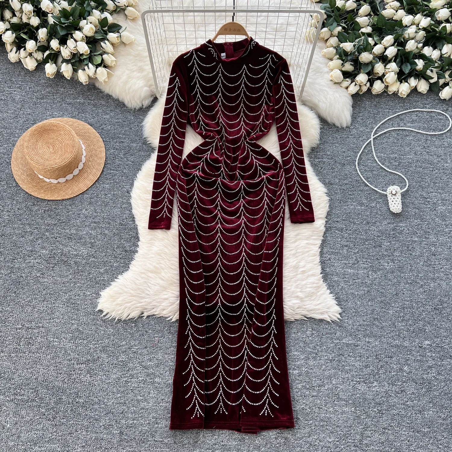 Sexy Bodycon Rhine Stone Long Sleeve High Collar Velvet Dress Chic Elegant  Vestidos Vintage Autumn Women Fashion Dress - AliExpress 200000345