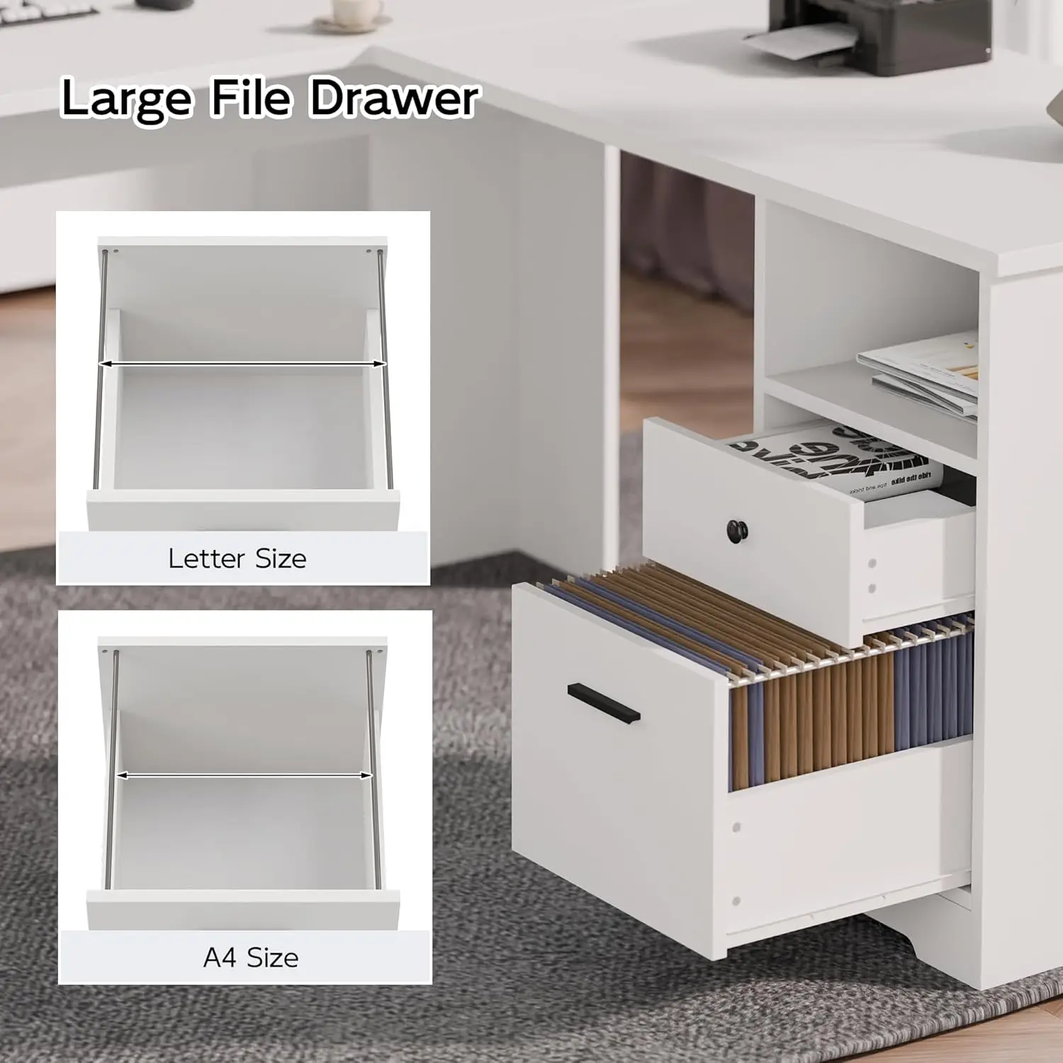 L Shaped Desk with File Cabinet, Corner Computer Desk with Storage Drawers, Large Home Office Table with Power Outlets 5
