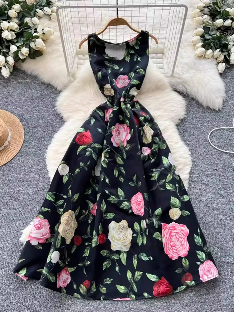 Chic Vintage Elegant Print Sleeveless Dress Women 2025 Summer