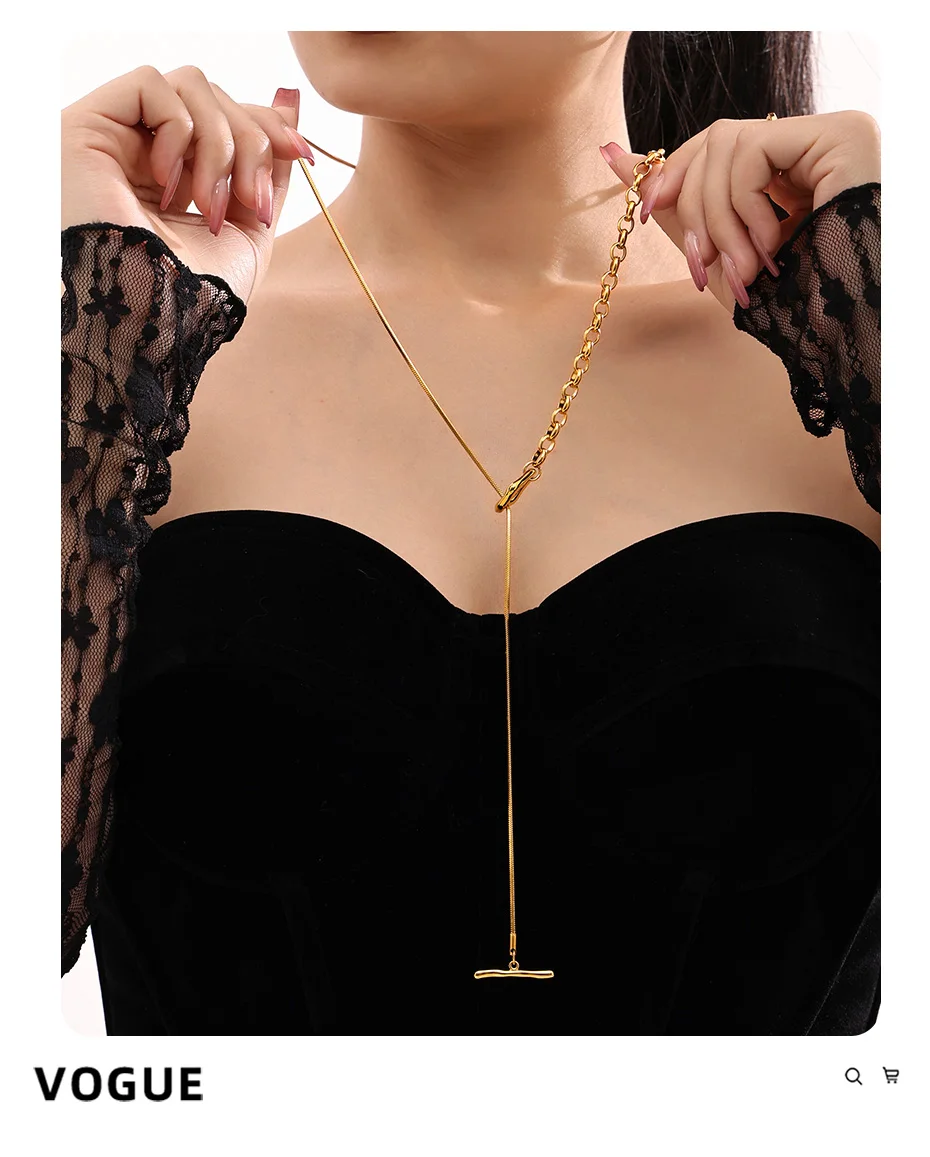 Zweifarbige lange Halsketten aus Edelstahl mit OT-Schnalle für Damen, 18 Karat vergoldet, kein Anlaufen, verstellbare Damen-Pullover-Kettenhalskette – Detail 3