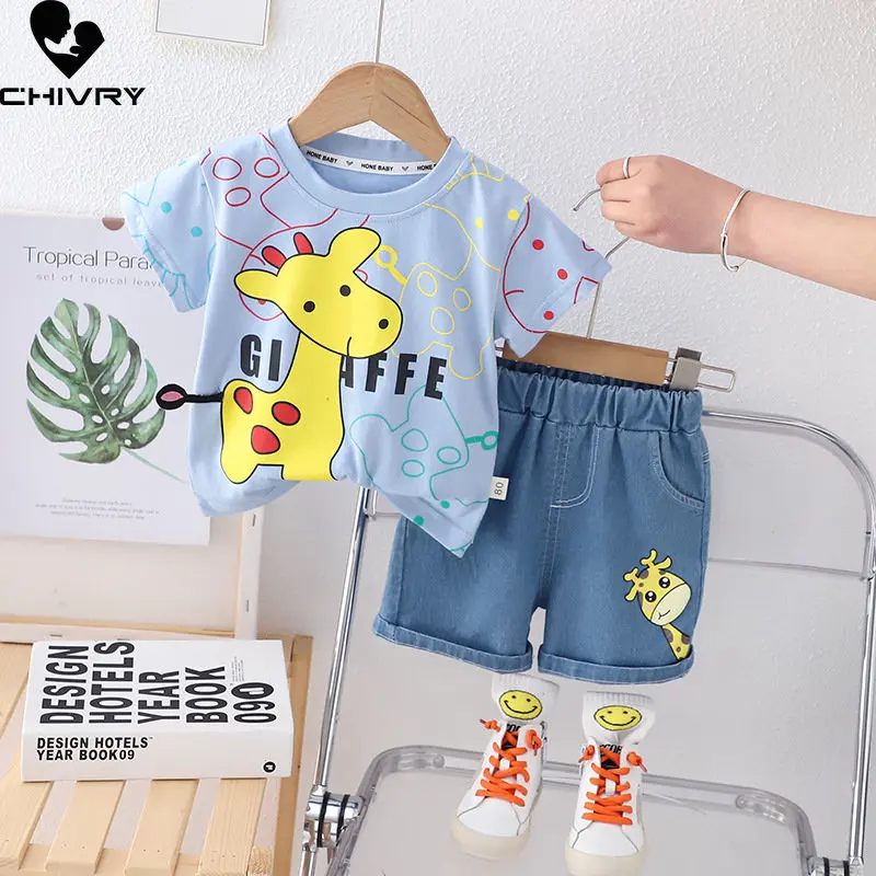 

New 2023 Boys Clothing Sets Baby Boy Summer Cartoon Giraffe O-neck Short Sleeve T-shirt Tops with Denim Shorts Kids Clothes