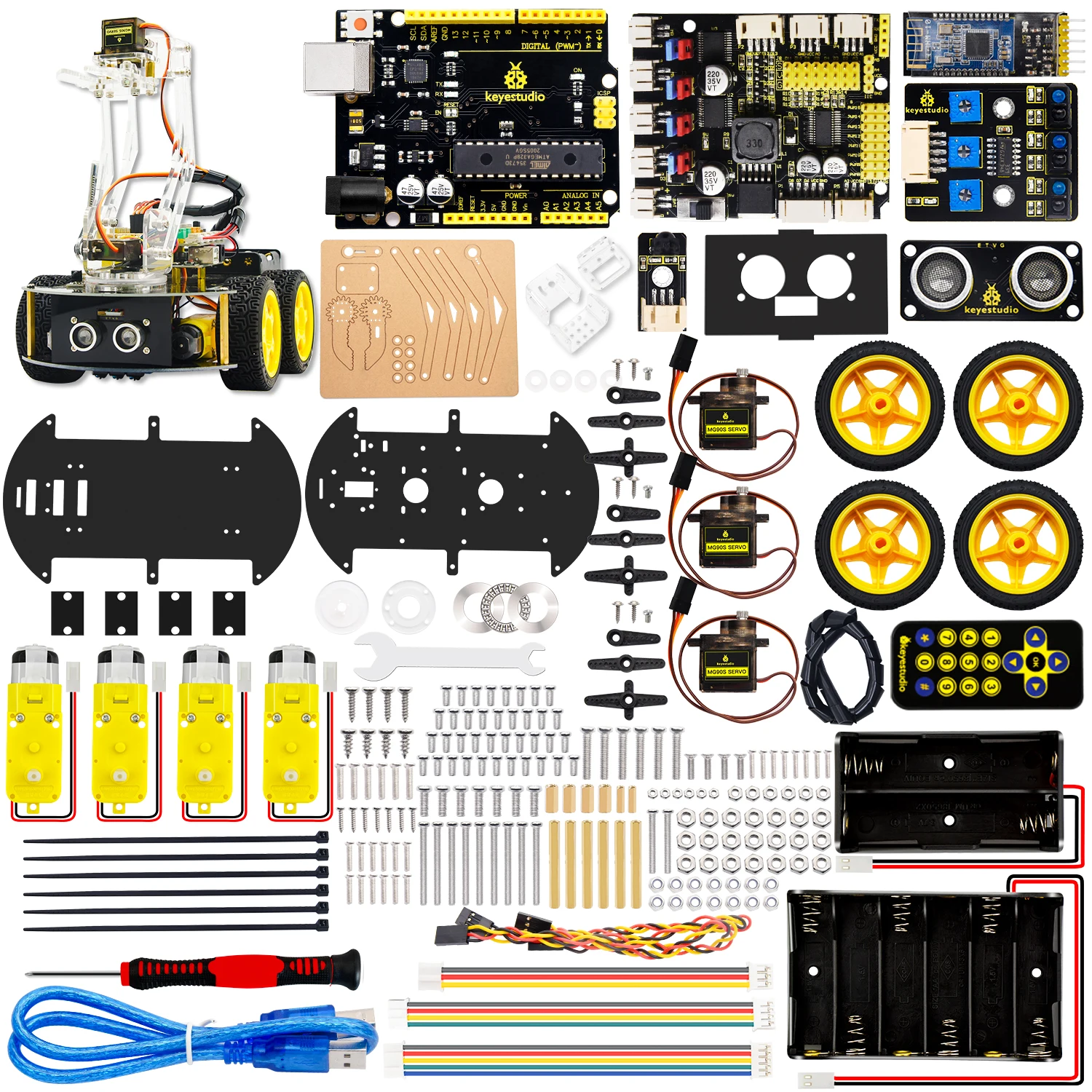 Keyestudio Mechanical 4WD Robot Arm Car Kit for Arduino Robot Car Robot Arm Programmable STEM Toys/Support Android &IOS