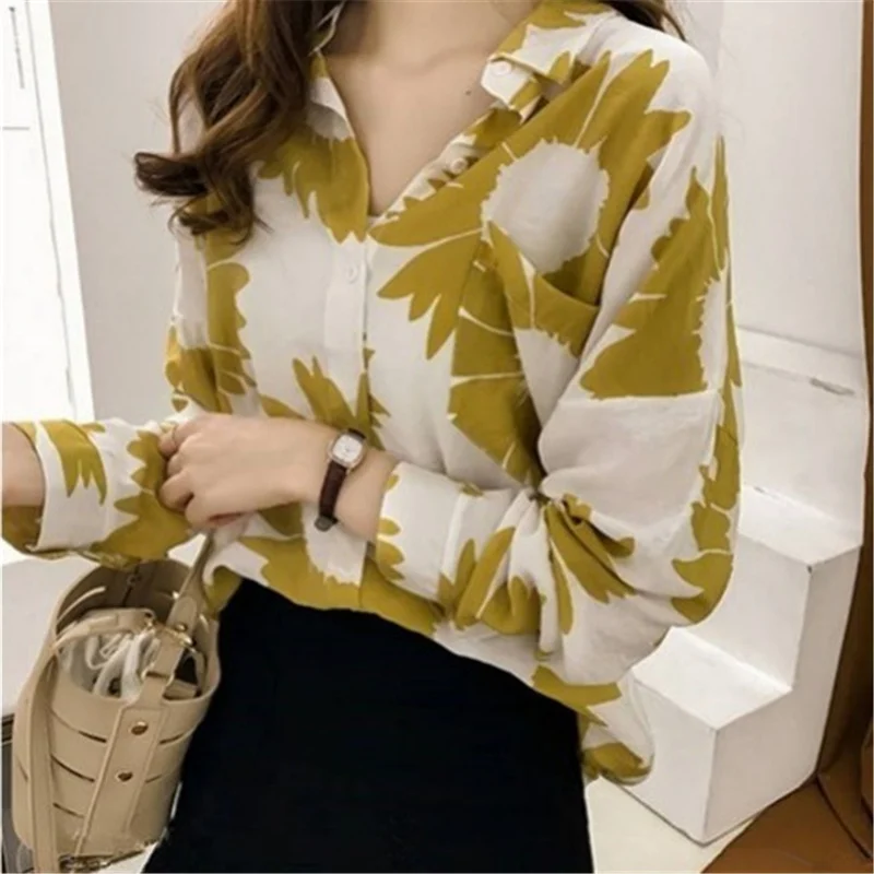 Vintage Print Chic Street Oversized Button Up Shirt for Women Fashion Casual Long Sleeve Loose Tunic Blouse Top Blusas Clothing