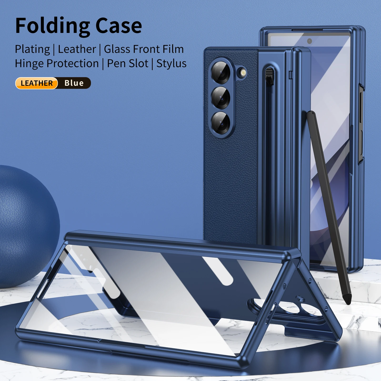 VIETAO For Samsung Galaxy Z Fold 7 Leather Phone Case With Hinge Protection, Z Fold 6 Case With Front Screen Film Protector+Pen