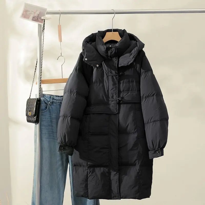 2023 New Women Down Jacket Winter Coat Female Mid Length Version Parkas Loose Thick Warm Outwear Hooded Leisure Time Overcoat