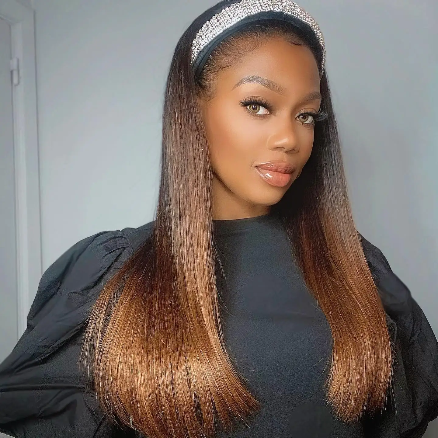 Brown Straight Headband Wigs Colored Human Hair Wigs 180 Density