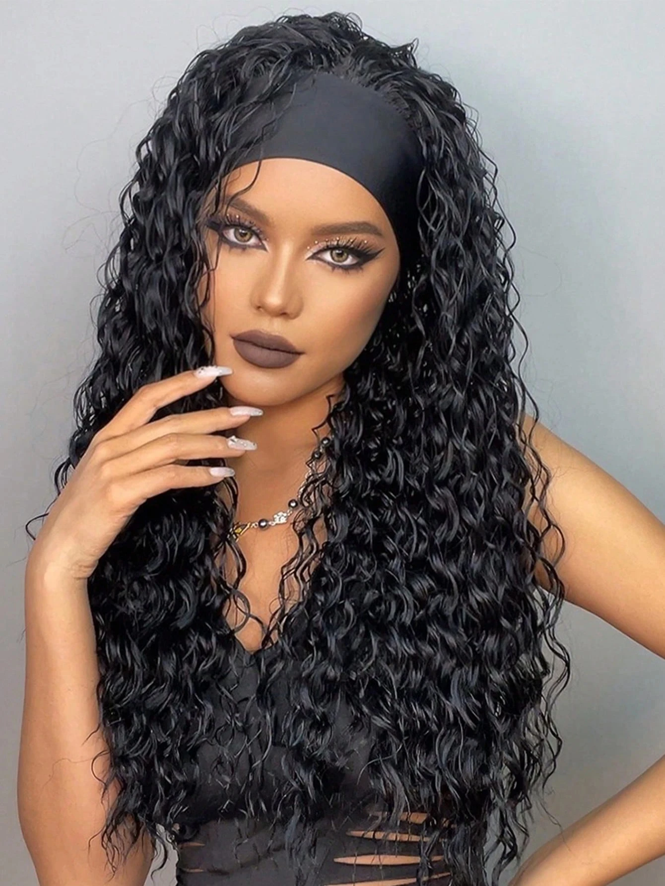 Black Synthetic Curly Headband Wig for Women Deep Water Wave