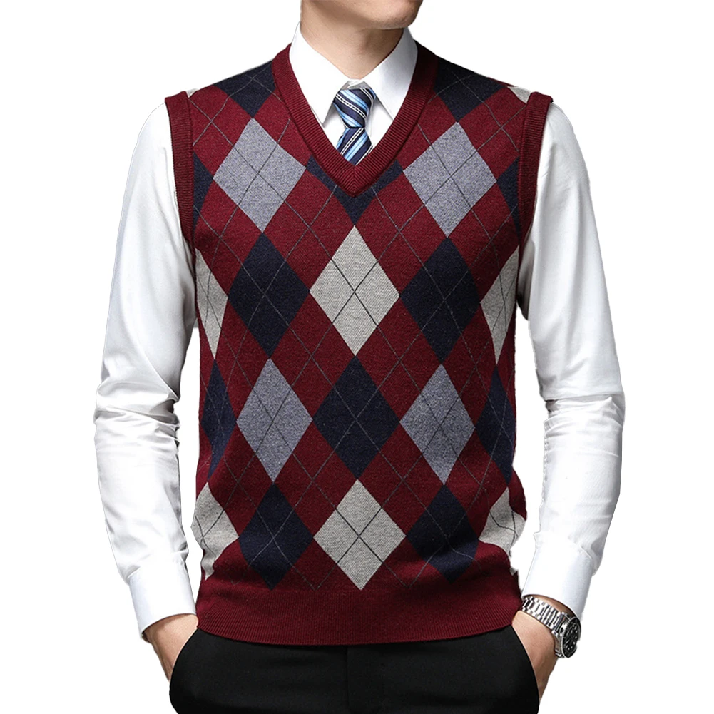 Fashion Men's Sweater Vests Knitted Tank Tops V-Neck Plaid Sleeveless Autumn Winter Casual Vest Pullovers Man Clothing