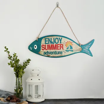Summer Wooden Fish Welcome Sign Nautical Wall Art Decor Hanging Vintage Fish Hanging Ornament Sign Decor Decoration Maison 2