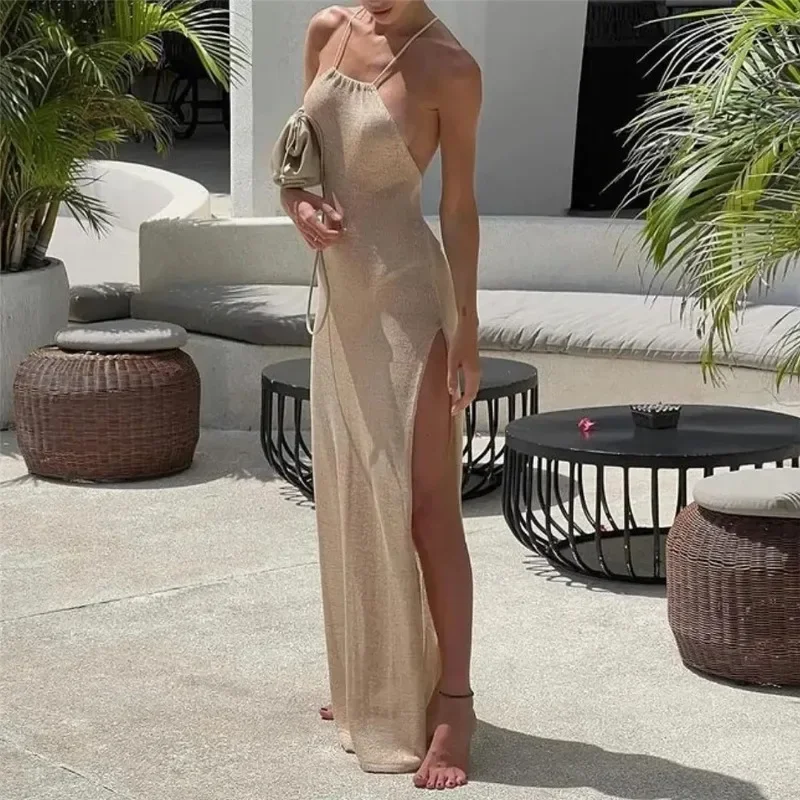Women Cover Ups Sexy Hollow Out Dresses Spliced Sleeveless Split Maxi Dress Sling Backless Knit Y2k See Through Bodycon