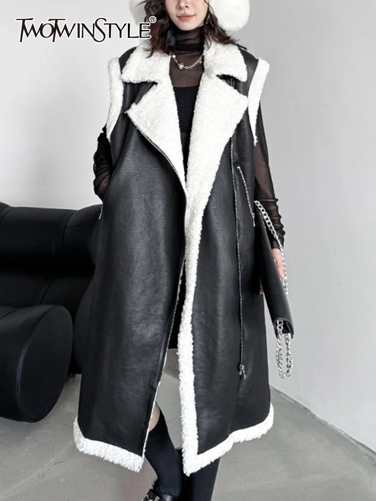 

TWOTWINSTYLE Hit Color Patchwork Lambswool Casual Waistcoats For Women Notched Collar Sleeveless Spliced Zipper Waistcoat Female