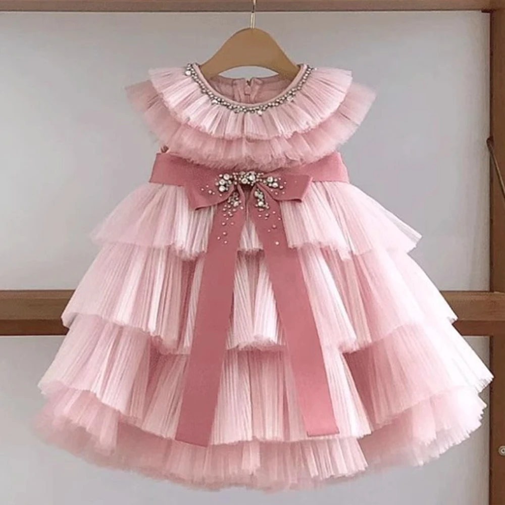 

Pink Exquisite Flower Girl Dress With Bow Princess Scoop Neck First Communion Gown Tiered Soft Tulle High Quality Prom Dresses