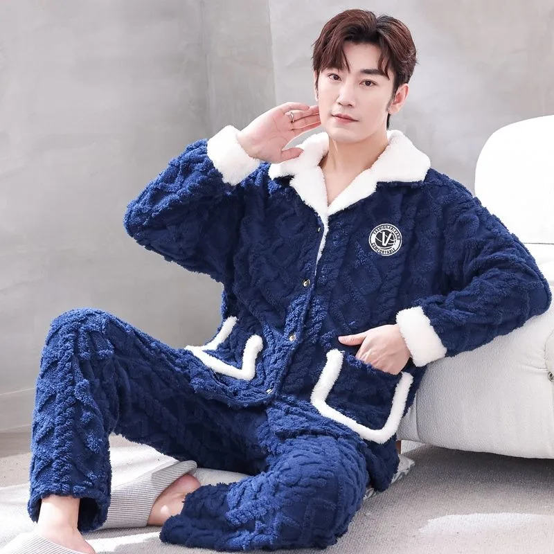 цена Coral Fleece Men Pajamas Autumn Winter Fleece Lined Padded Warm Large Size Homewear Suit Male Flannel Casual Nightclothes Sets