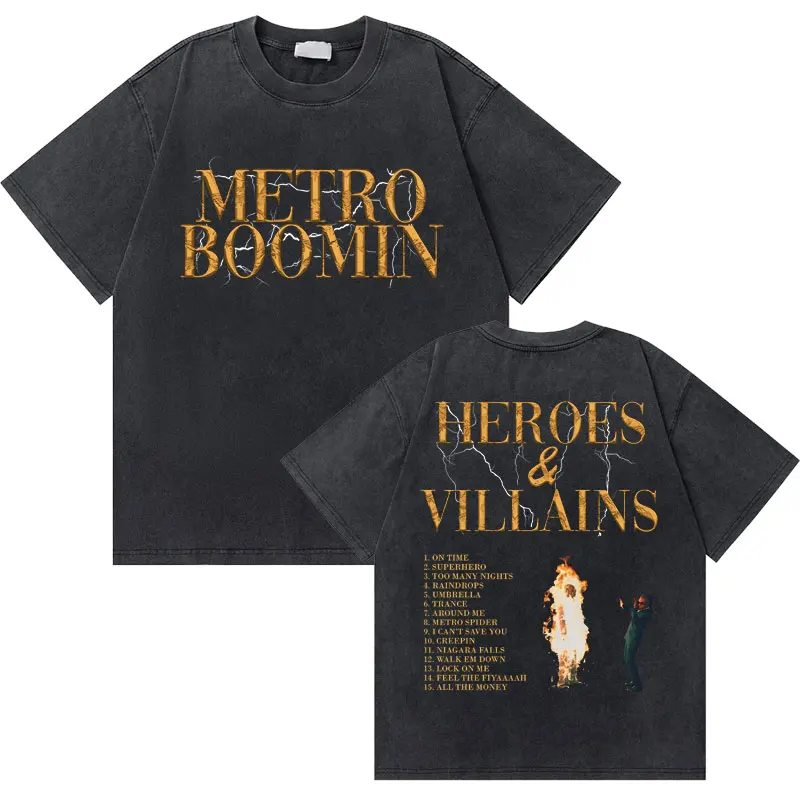 

Vintage Washed Old Metro Boomin Heroes & Villains Graphic Print T-shirt Men's Hip Hop Oversized Tshirt Male Rap Cool Streetwear