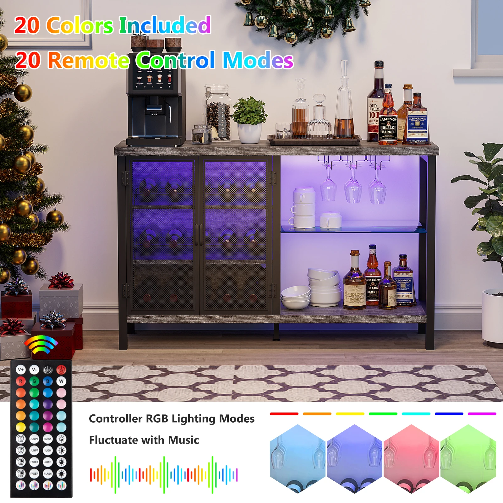 47 In Industrial Bar Cabinet for Liquor and Glasses, Rustic Wine Bar Cabinet with Wine Rack & Doors, Wash Grey/Rustic Brown/Oak