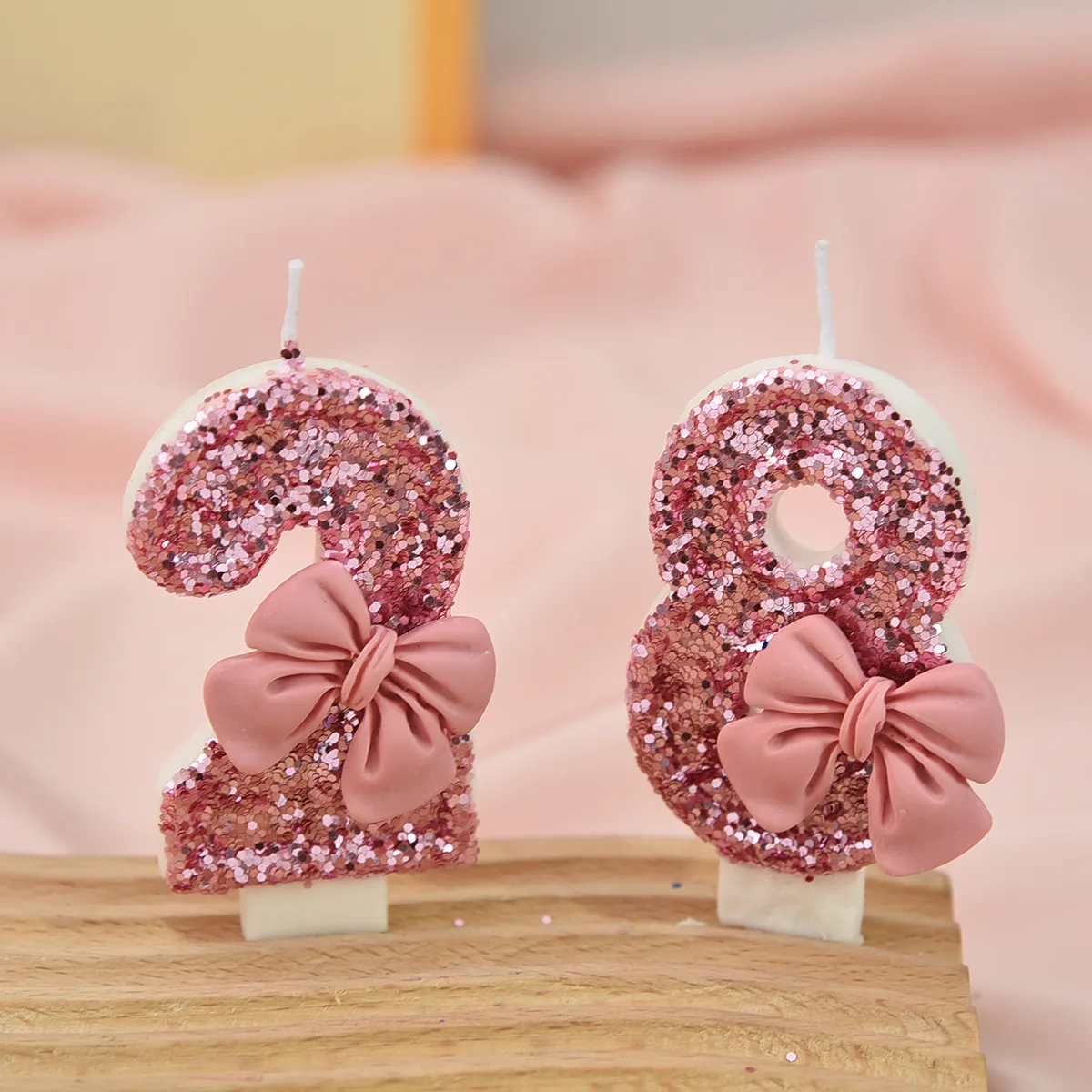 Pink Bow Candle Creative Sequin Anniversary Digital Birthday Cake Decoration