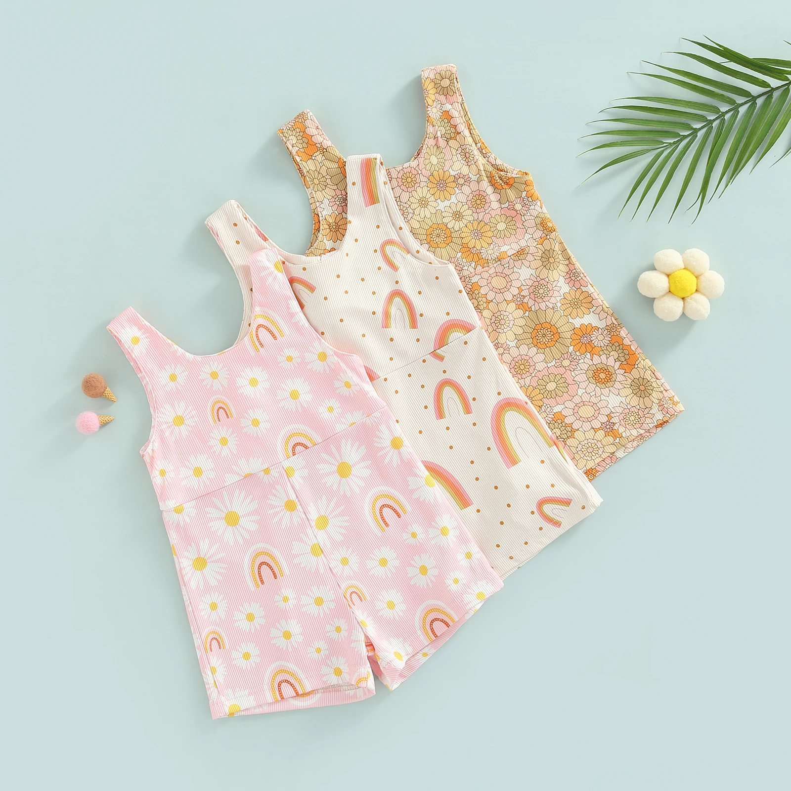 Infant Girl Sleeveless Romper with Flower Rainbow Pattern, Casual Style Loose Version Summer Clothing