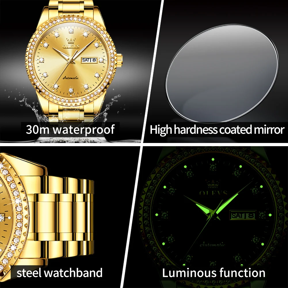 OLEVS New Fashion Gold Mechanical Watch for Men Luxury Stainless Steel Strap Waterproof Luminous Week Date Business Mens Watches
