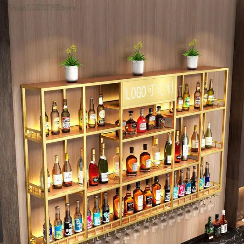 Shop Wall-mounted Red Wine Shelf Simple Bar Counter Wall-mounted Wine Cabinet Display Cabinet Iron Art Luminous Rack