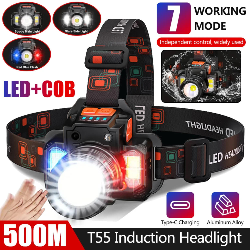 

Super bright strong white red blue light sensor headlamp rechargeable smart headwear outdoor lighting flashlight night fishing