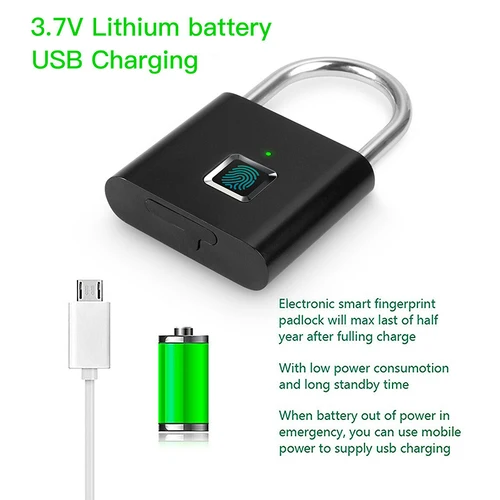 블랙 실버 키리스 USB 충전식 도어락, 지문 스마트 자물쇠, 빠른 잠금 해제, 아연 합금 금속 자체 개발 칩 3