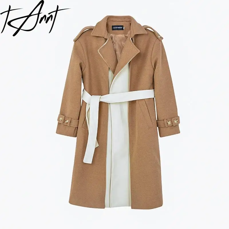 

Tannt Women Woolen Coat Patchwork Color Matching Long Coats For Women Bandages Camel Vintage Fashion Woolen Overcoat 2023 New