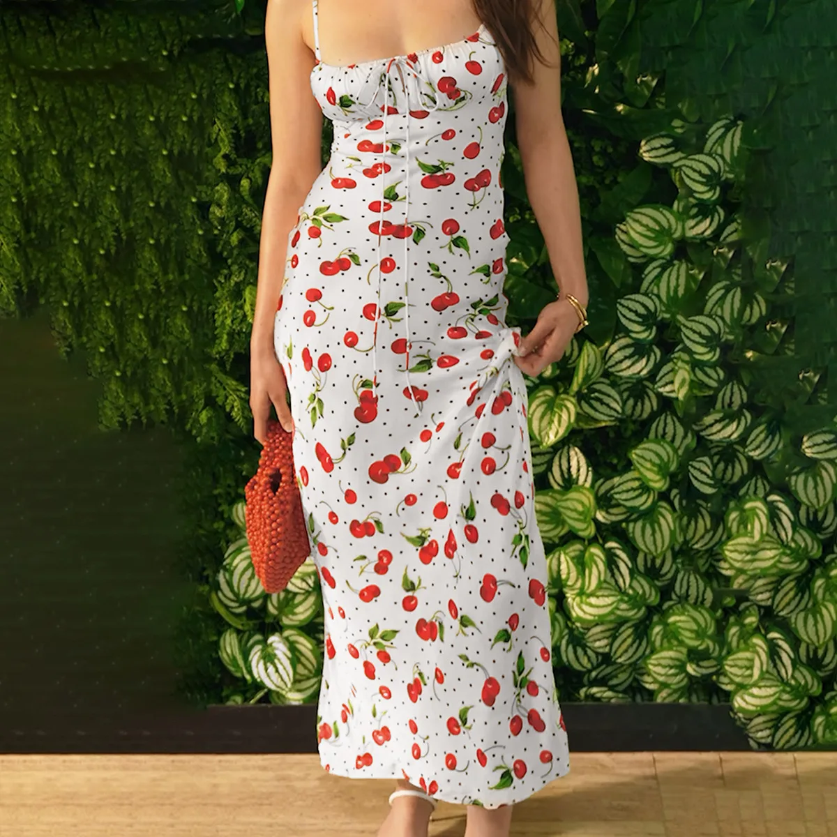 

Lygens Cherry Print Spaghetti Strap Sleeveless Casual Dresses Y2K Summer Beach Elegant Evening Party 2024 Manufacturer Clothing