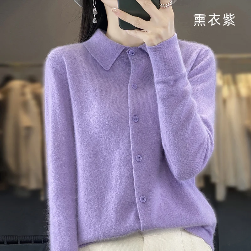 여성용 폴로 넥 100% 밍크 캐시미어 가디건, 긴팔 단색 점퍼, 단추 레이프, 밍크 캐시미어 니트 재킷, 겨울 신상 
