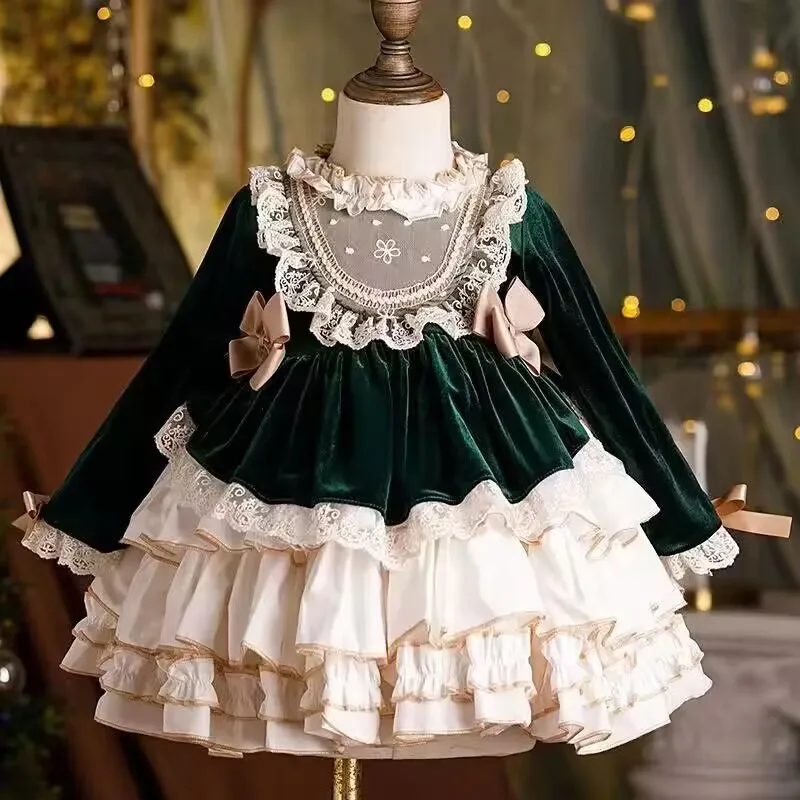 Robe de princesse Lolita pour filles, manches longues, gâteau poché, nœud papillon rose, évasion, anniversaire, enfants