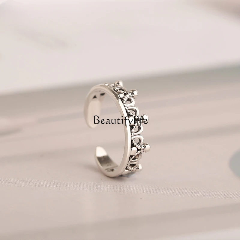

925 Sterling Silver Small Crown Small Thumb Ring Female Advanced Retro with Opening Adjustable Little Finger Ring