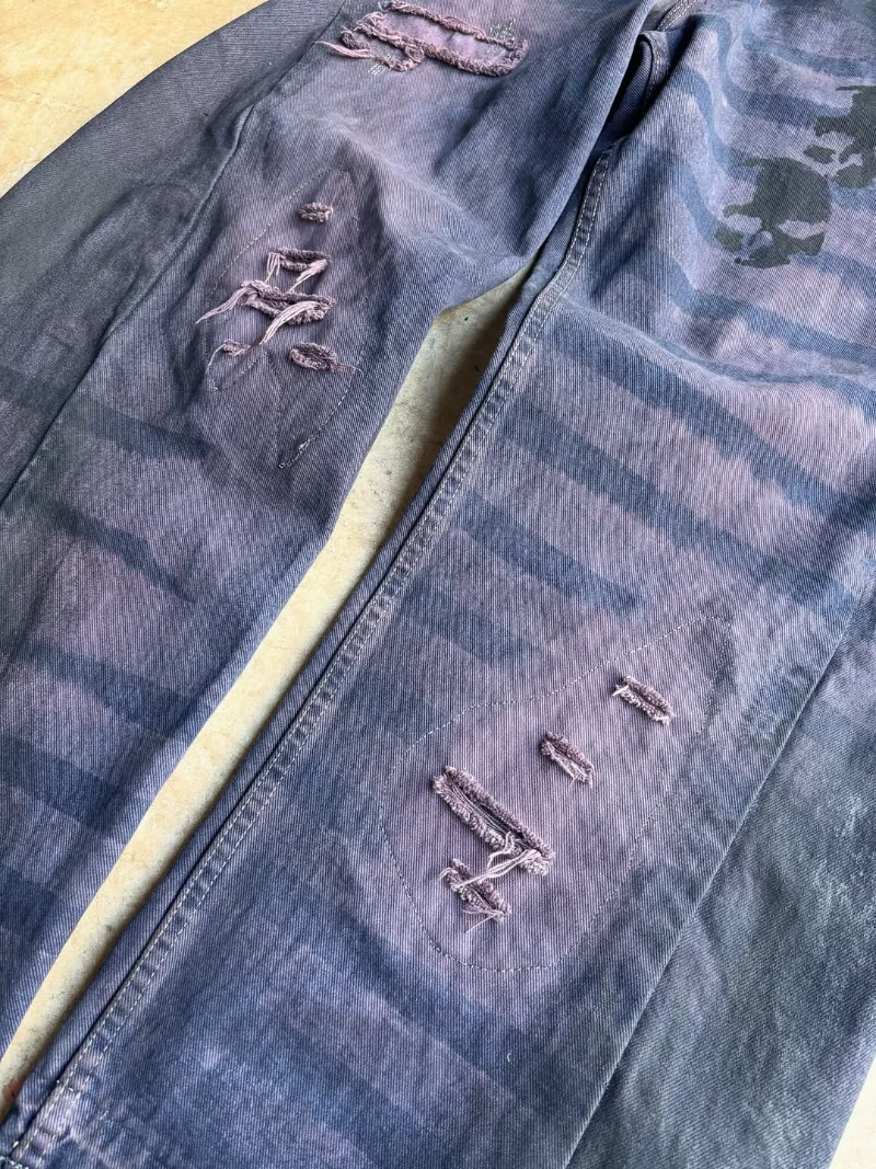 Striped Tie-Dye Denim Pants Skull Print Ripped Distressed Detail Frayed Hem Vintage Washed Streetwear Casual Men Jeans