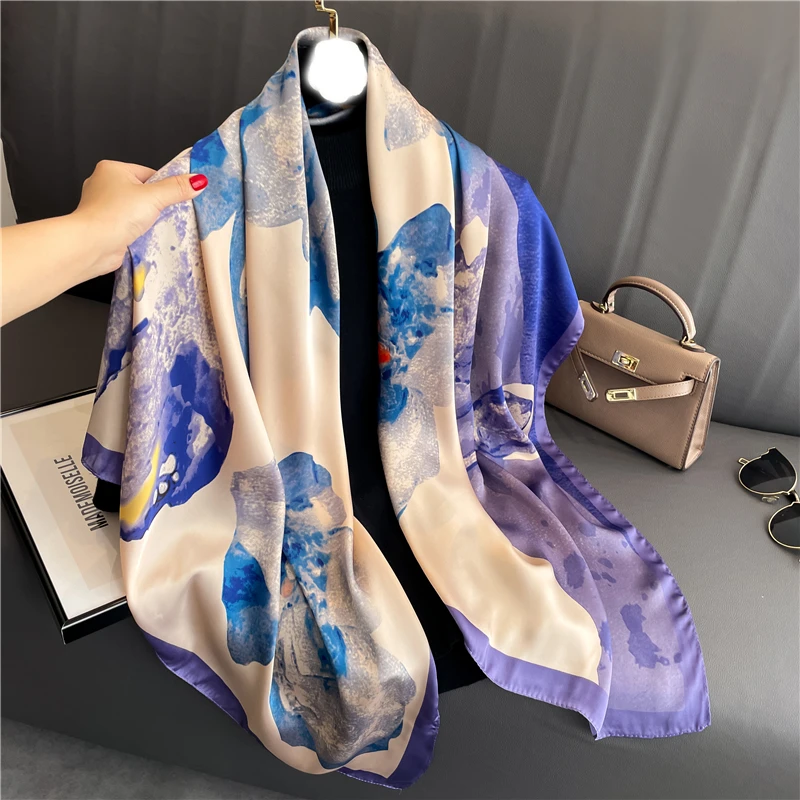 

New Spring Fashion Women Large Shawl Headband Sunscreen Bandana 2023 Designer Silk Scarf Square Wrap Hijabs Headscarf Foulard