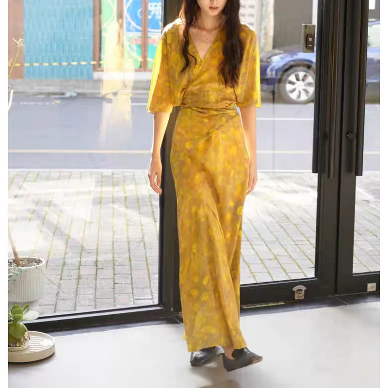 

Женское шелковое платье с длинным рукавом, длинное приталенное платье с V-образным вырезом и принтом в винтажном стиле, лето 2024