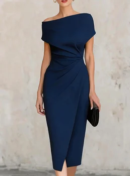 Women's Off Shoulder Twist Front Bodycon Midi Dress with Side Slit Elegant Cocktail Party Dress 1