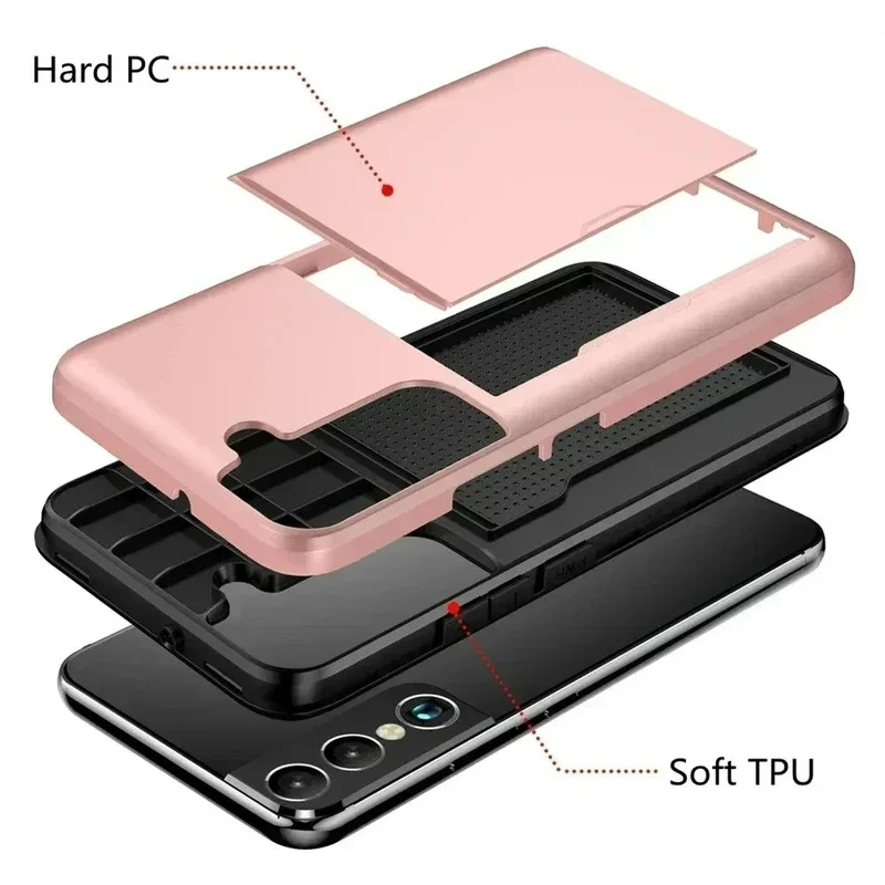 Enhanced Phone Case: Shockproof Armor Shell with Sliding Wallet Card Holder & Bumper Cover