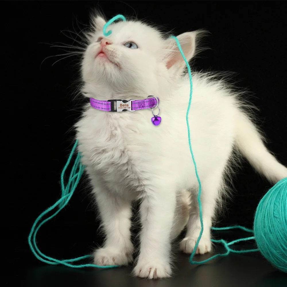 Personalized Pure Nylon Cat Collar Customized Buckle Engraved Collar Nameplate Name Adjustable Colorful Summer Free for S Cat 6