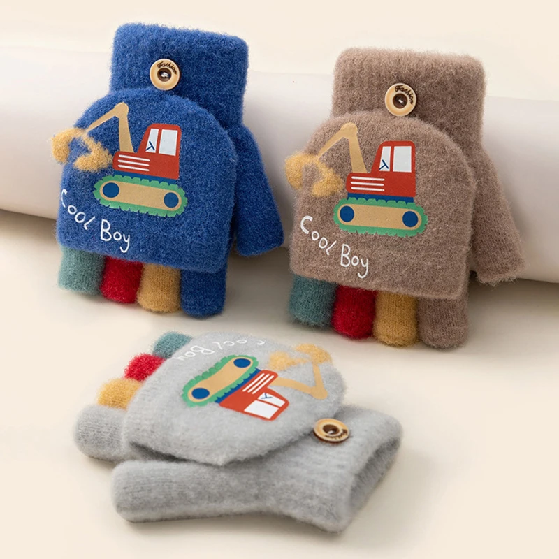 Winter Gloves Baby Mittens Cartoon Winter Gloves for Boy Cute Excavator Thick Warm Kids Half Finger Flip Mittens Outdoor Toddler Windproof Children Gloves