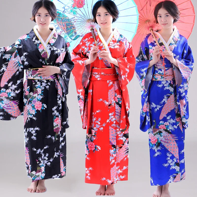 Peacock Japanese Traditional Costume Woman Silk Kimono Yukata Evening Dress Cosplay Kimono Japones Haori Mujeres Quimono 89