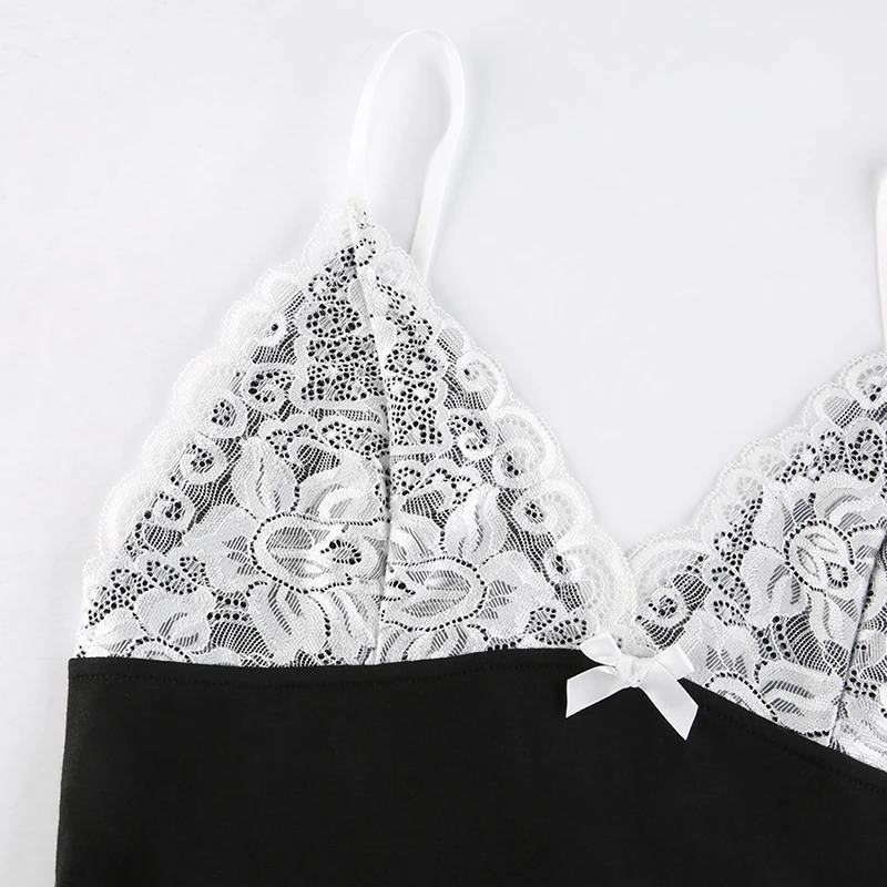 white bra Chic Basic Bow Lace Crop Top Patchwork Harajuk Black Spaghetti Straps Camisole Casual Contrast V Neck Vintage Street cotton camisole