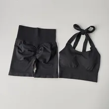  Women's Seamless Yoga Wear Set Tape Strap Backless Top High Waist Scrunched Short Pants Active Set 